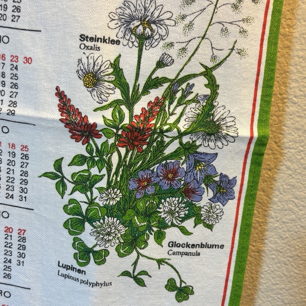 1985 Vintage Portuguese Linen Cloth Calendar Tea Towel Wall Hanging Flowers Rare - Picture 5 of 15